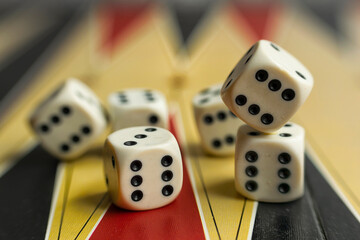 six white dices on the backgammon table