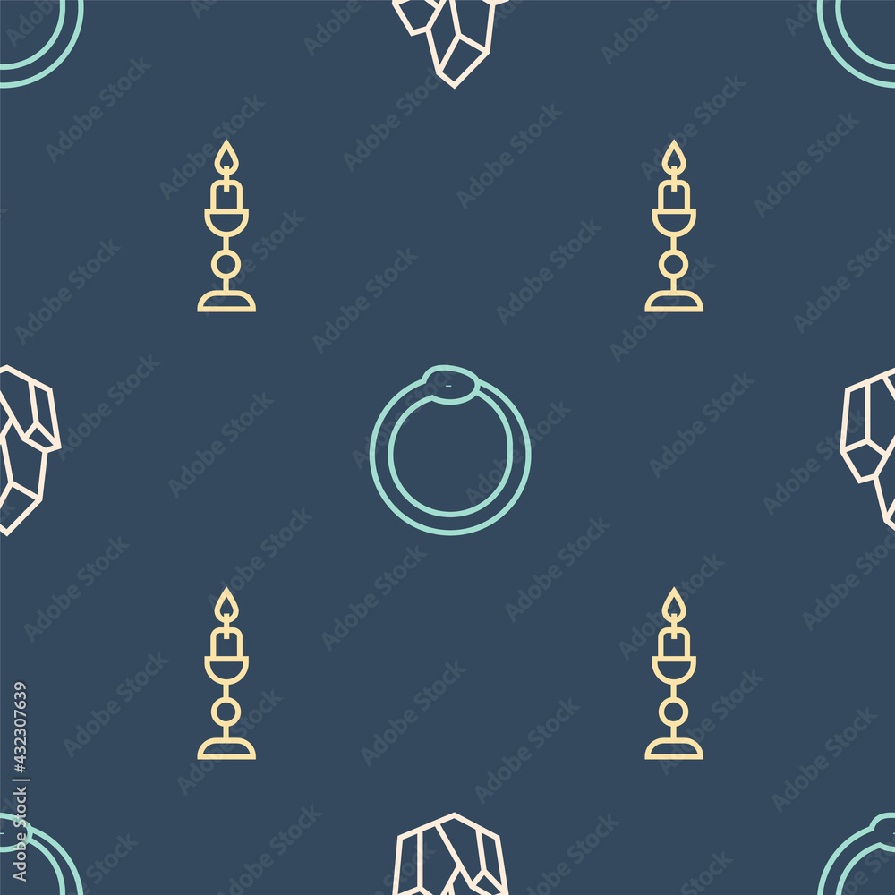 Poster set line magic stone, burning candle and ouroboros on seamless pattern. vector