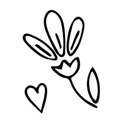Cute flower doodle in hand drawn simple style. Floral vector illustration of childish drawing stylized plant with leaves. Element for design isolated on white background. Black line