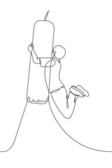man procrastinates while hanging on a punching bag - one line drawing. the boxer does not want to train, the beginner is tired of training