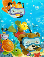 cartoon ocean scene coral reef forest animals diving
