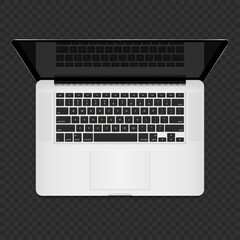 Realistic Silver Laptop Computer. Top down view, Keyboard, reflection on the screen. Laptop isolated on transparent background. Vector Illustration EPS 10