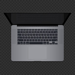 Realistic Space Gray Laptop Computer, Top down view, Keyboard, reflection on the screen. Laptop isolated on transparent background. Vector Illustration EPS 10