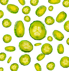 Cucumber Slices glowing from within Flying in Air on White Background. Set of Falling Cut Fresh Cucumber Close Up. Nutrition and Diet Concept