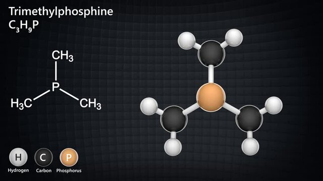 Trimethylphosphine (trimethylphosphane). Formula P(CH3)3 or C3H9P. Abbreviate as PMe3. 3D render. Seamless loop. Chemical structure model: Ball and Stick.