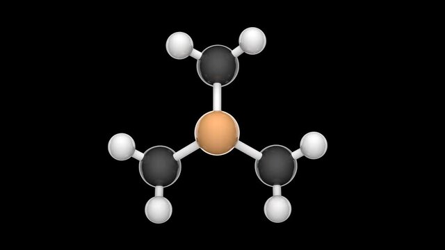 Trimethylphosphine (trimethylphosphane). Formula P(CH3)3 or C3H9P. Abbreviate as PMe3. 3D render. Seamless loop. Chemical structure model: Ball and Stick. RGB + Alpha (Transparent) channel.