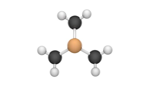 Trimethylphosphine (trimethylphosphane). Formula P(CH3)3 or C3H9P. Abbreviate as PMe3. 3D render. Seamless loop. Chemical structure model: Ball and Stick. White background.