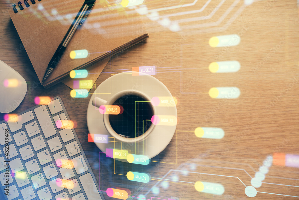 Poster double exposure of technology theme drawing over work table desktop. top view. global data analysis 