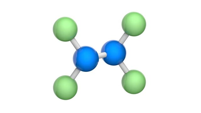 Nitrogen fluoride (dinitrogen tetrafluoride or tetrafluorohydrazine). Formula: F4N2. 3D render. Seamless loop. Chemical structure model: Ball and Stick. White background.