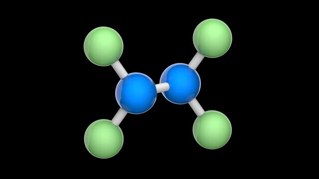 Nitrogen fluoride (dinitrogen tetrafluoride or tetrafluorohydrazine). Formula: F4N2. 3D render. Seamless loop. Chemical structure model: Ball and Stick. RGB + Alpha (Transparent) channel.
