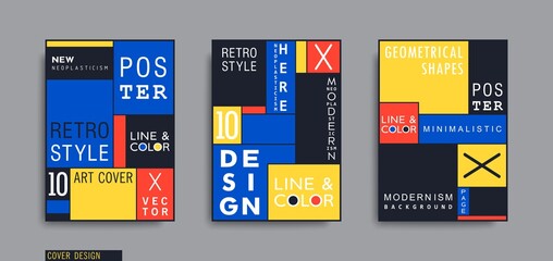 Modern Neoplasticism style posters. Mondrian style geometric composition. Vector banners design