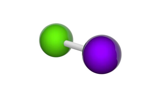 Iodine monochloride is an interhalogen compound with the formula ICl or ClI. 3D render. Seamless loop. Chemical structure model: Ball and Stick. White background.