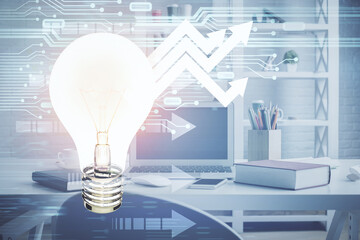 Double exposure of bulb and office interior background. Concept of idea.