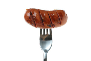 Fork with grilled sausage isolated on white background