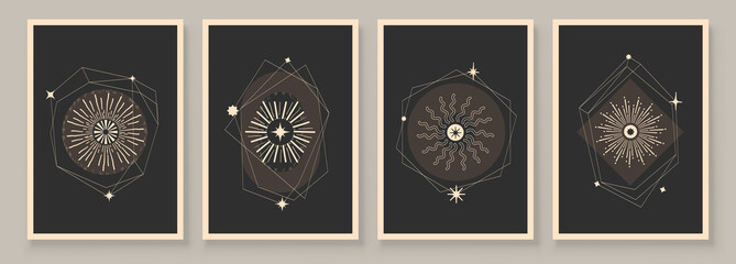 Abstract contemporary art with celestial geometry shapes. Esoteric mystical celestial stars sacred wall art. Wall decor painting. Minimalistic background design. Vector illustration.