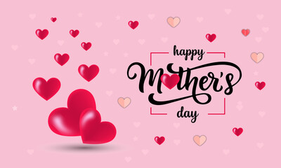 Happy Mothers Day banner. Holiday background heart made of pink and red Origami Hearts on soft pink background