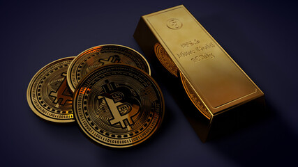Bitcoin and gold bar - Three bitcoins lying together with ingot of gold in dark room. Store of value concept. 3d render illustration.