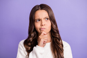 Portrait of young charming lovely pretty thoughtful minded girl look copyspace thinking isolated on...