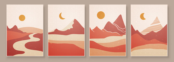 Abstract landscape composition art with sun and moon. Earth tones colors wall art. Soft color painting house decor. Minimalistic background design. Vector illustration.