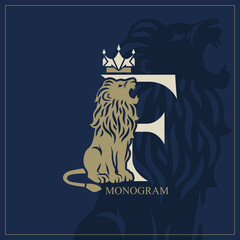 Letter F with Roaring Lion. Artistic Design. Crown is at the Top. Creative Logo with Royal Character. Luxury Style. Silhouette of a Wild Beast on the Background. Animal Emblem. Vector Illustration
