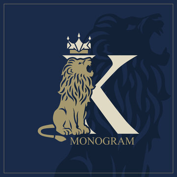 Letter K with Roaring Lion. Artistic Design. Crown is at the Top. Creative Logo with Royal Character. Luxury Style. Silhouette of a Wild Beast on the Background. Animal Emblem. Vector Illustration