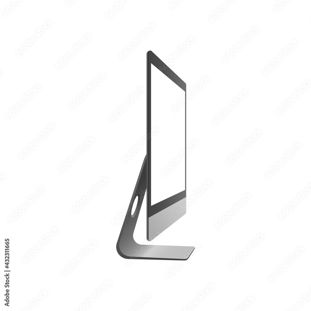 Poster realistic computer monoblock monitor display isolated on a white background. side view with two flat