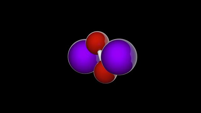 Sodium peroxide, formula Na2O2. Other names: Disodium dioxide, Flocool, Solozone. 3D render. Seamless loop. Chemical structure model: Ball and Stick. RGB + Alpha (Transparent) channel.