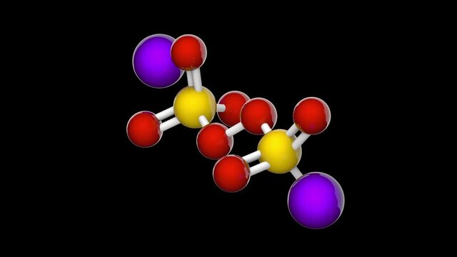 Sodium persulfate (Sodium peroxodisulfate), Na2S2O8. It is a white solid that dissolves in water. 3D render. Seamless loop. Chemical structure model: Ball and Stick. RGB + Alpha (Transparent) channel.