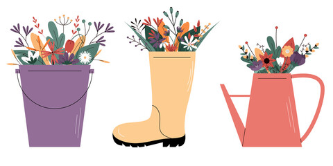 Cute vector set with garden design elements.Wildflowers in a rubber boot, in a watering can and in a bucket.Spring composition.Colorful vector illustration in flat style isolated on white background © Анастасия Чугунова