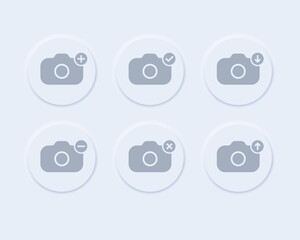 Add photo icon, flat, camera icon with plus, user interface icon, add picture button. Neomorphism. Vector Illustration isolated. EPS 10