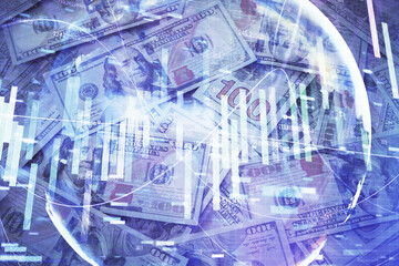 Multi exposure of business theme drawing over us dollars bill background. Concept of financial success.