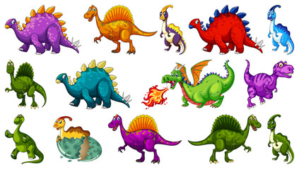 Different dinosaurs cartoon character and fantasy dragons isolated © GraphicsRF