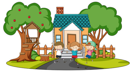 Front view of mini house with many kids on white background