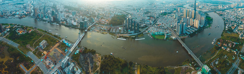 Super wide aerial view of Ho Chi Minh City skyline and skyscrapers in center of heart business at...