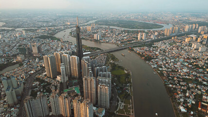 Aerial view of Ho Chi Minh City skyline and skyscrapers in center of heart business at Ho Chi Minh City downtown.