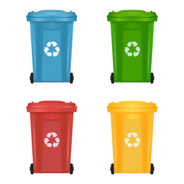 Realistic set of color recycle bin icons isolated on white background. Red, Green, Blue, Yellow, Buckets. For Paper, Glass, Metal, Plastic Recycling Waste Sorting. vector illustration eps 10