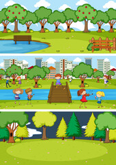Fototapeta premium Set of different horizon scenes background with doodle kids cartoon character