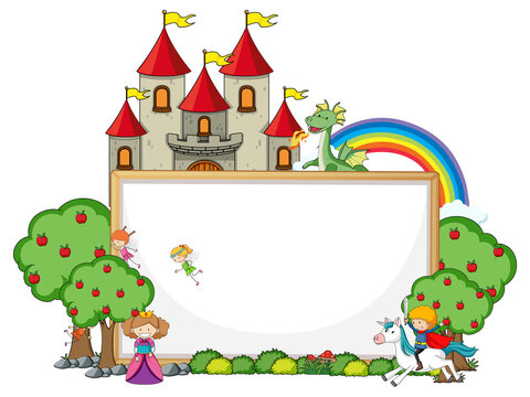 Empty banner with fairy tale cartoon character and elements isolated