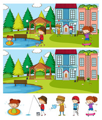 Set of different horizontal scenes background with doodle kids cartoon character