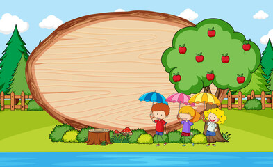 Obraz na płótnie Canvas Park scene with blank wooden board in oval shape with kids doodle cartoon character