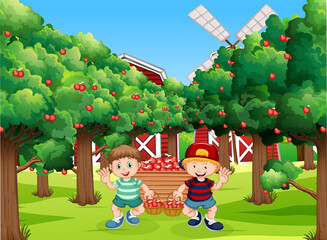 Farm scene with farmer boy cartoon character