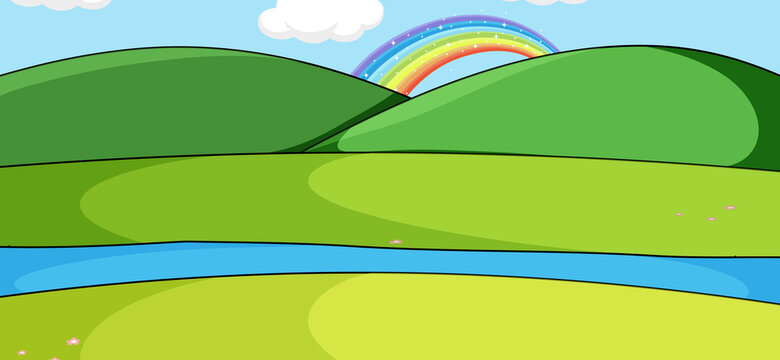Empty park landscape scene with rainbow behide the mountain
