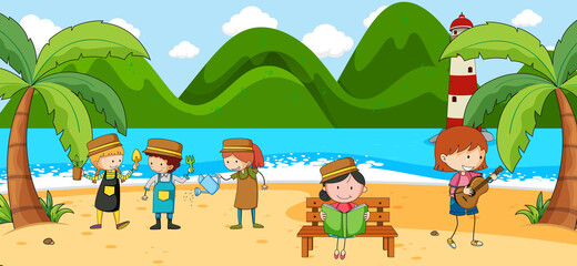 Beach scene with many kids doodle cartoon character