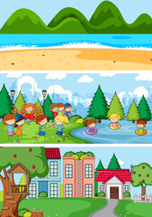 Set of different horizon scenes background with doodle kids cartoon character