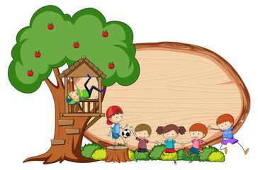 Blank wooden board in oval shape with kids doodle cartoon character