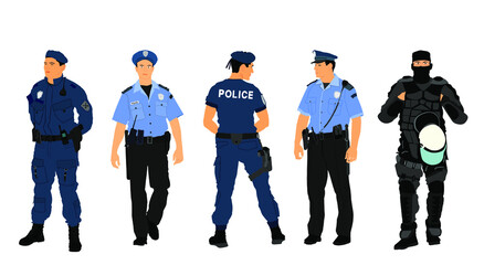 Policeman officer on duty vector illustration isolated on white background. Police man in uniform in patrol on street.  Security service member protect people. Law and order. Against terrorism unit. - obrazy, fototapety, plakaty