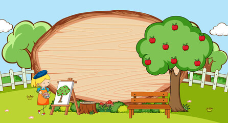 Obraz na płótnie Canvas Park scene with blank wooden board in oval shape with kids doodle cartoon character