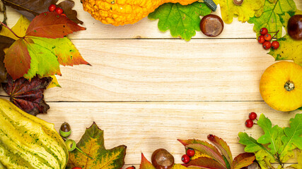 Naklejka na ściany i meble Thanksgiving holiday. Autumn harvest with orange pumpkin, fall dried leaves, red berries and acorns, chestnuts on wooden background in shape frame. Seasonal offers and holiday post card, top view.