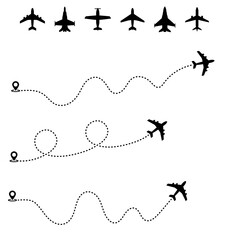 large set of aircraft and flight icons from start point and along trajectory isolated on white background. Airplane dotted route line the way airplane. Vector Illustration eps 10