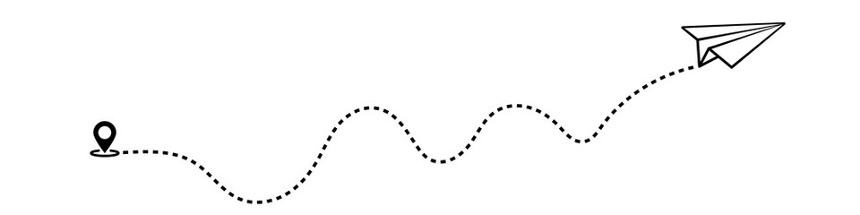 Paper plane with dushed line, isolated on white background. Flight of the plane from the start point along the trajectory. vector illustration eps 10